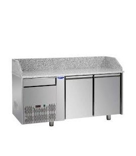 Tavolo refrigerato pizza GN1/1 con 2 porte, gruppo motore a sinistra , un cassetto neutro e piano in granito mod PZ02EKOC1SX