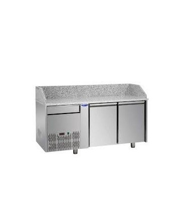 Tavolo refrigerato pizza GN1/1 con 2 porte, gruppo motore a sinistra , un cassetto neutro e piano in granito mod PZ02EKOC1SX