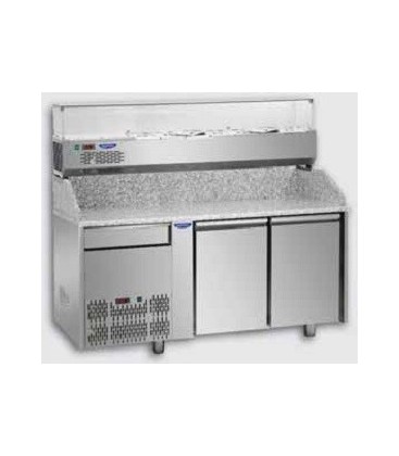 Tavolo refrig. pizza GN1/1 a 2 porte, motore a sinistra, cassetto neutro, piano in granito, vetrina refrig. mod PZ02EKOC1SX+VR41