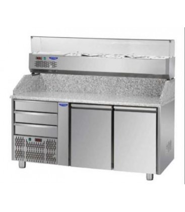 Tavolo refrig. pizza GN1/1 a 2 porte, motore sinistra, 3 cassetti neutri, granito, vet.na refrig. mod PZ02EKOC3SX+VR3160VDSX