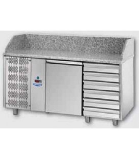 Tavolo refrigerato pizza GN1/1 con 1 porta, gruppo motore a sinistra, 6 cassetti neutri e piano in granito mod PZ02EKOC6SX