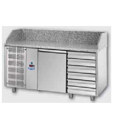 Tavolo refrigerato pizza GN1/1 con 1 porta, gruppo motore a sinistra, 6 cassetti neutri e piano in granito mod PZ02EKOC6SX