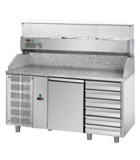 Tavolo refrig. pizza GN1/1 a 1 porta, motore a sinistra, 6 cassetti neutri, piano in granito, vetrina refrig. mod PZ02EKOC6SX+VR