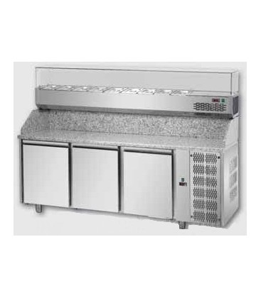 Tavolo refrigerato pizza GN1/1 con 3 porte e piano in granito e vetrina refrigerata mod PZ03EKOGN+VR3203VD