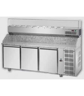Tavolo refrigerato pizza GN1/1 con 3 porte e piano in granito e vetrina refrigerata mod PZ03EKOGN+VR4203VD