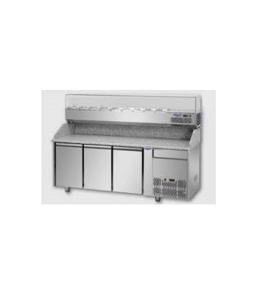 Tavolo refrigerato pizza GN1/1 con 3 porte, un cassetto neutro e piano in granito e vetrina refrigerata mod PZ03EKOC1+VR4203VD