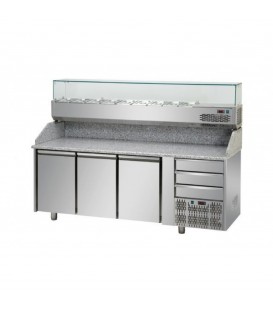 Tavolo refrigerato pizza GN1/1 con 3 porte, 3 cassetti neutri e piano in granito e vetrina refrigerata mod PZ03EKOC3+VR3203VD