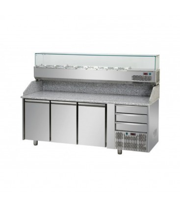 Tavolo refrigerato pizza GN1/1 con 3 porte, 3 cassetti neutri e piano in granito e vetrina refrigerata mod PZ03EKOC3+VR4203VD