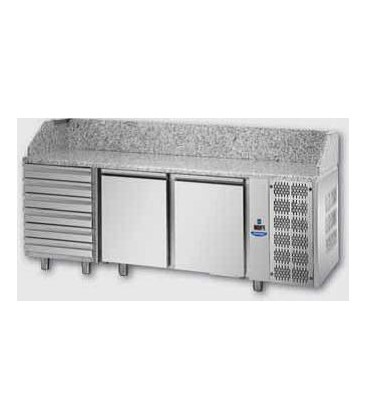 Tavolo refrigerato pizza Gn1/1 con 2 porte, 6 cassetti neutri e piano in granito mod PZ03EKOC6