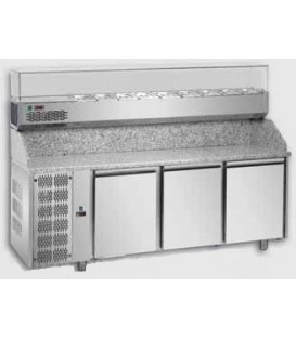 Tavolo refrig. pizza GN1/1 a 3 porte, motore a sinistra, piano in granito, vetrina refrig. mod PZ03EKOGNSX+VR4203VDSX