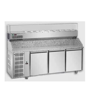 Tavolo refrig. pizza GN1/1 a 3 porte, motore a sinistra, piano in granito, vetrina refrig. mod PZ03EKOGNSX+VR4203VDSX