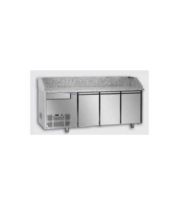 Tavolo refrigerato pizza GN1/1 con 3 porte, gruppo motore a sinistra, un cassetto neutro e piano in granito mod PZ03EKOC1SX
