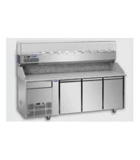 Tavolo refrig. pizza GN1/1 a 3 porte, motore a sinistra, 1 cassetto neutro, piano granito, vetrina refrig. mod PZ03EKOC1SX+VR420