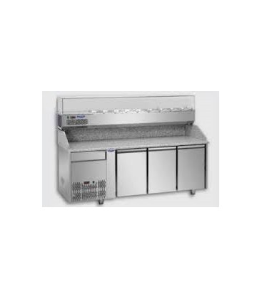 Tavolo refrig. pizza GN1/1 a 3 porte, motore a sinistra, 1 cassetto neutro, piano granito, vetrina refrig. mod PZ03EKOC1SX+VR420