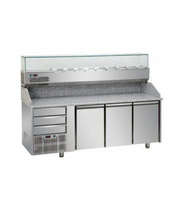 Tavolo refrig. pizza GN1/1 a 3 porte, motore a sinistra, 3 cassetti neutri, piano granito, vetrina refrig. mod PZ03EKOC3SX+VR320