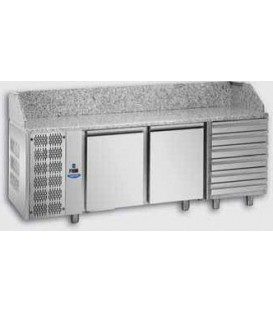 Tavolo refrigerato pizza GN1/1 con 2 porte, gruppo motore a sinistra, 6 cassetti neutri e piano in granito mod PZ03EKOC6SX