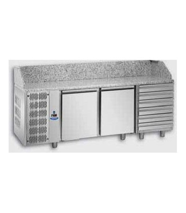 Tavolo refrigerato pizza GN1/1 con 2 porte, gruppo motore a sinistra, 6 cassetti neutri e piano in granito mod PZ03EKOC6SX