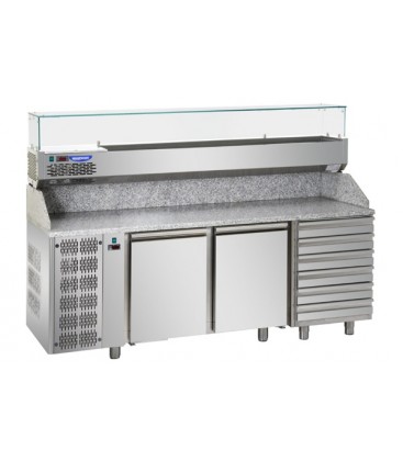 Tavolo refrig. pizza GN1/1 a 2 porte, motore a sinistra, 6 cassetti neutri, piano granito, vetrina refrig. mod PZ03EKOC6SX+VR320