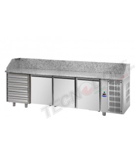 Tavolo refrigerato pizza GN1/1 con 3 porte, 6 cassetti neutri e piano in granito mod PZ04EKOC6