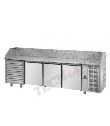 Tavolo refrigerato pizza GN1/1 con 3 porte, 6 cassetti neutri e piano in granito mod PZ04EKOC6