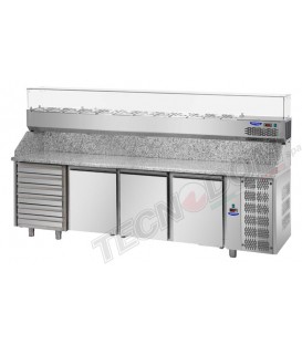 Tavolo refrigerato pizza GN1/1 con 3 porte, 6 cassetti neutri e piano in granito e vetrina refrigerata mod PZ04EKOC6+VR3240VD