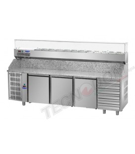 Tavolo refrig. pizza GN1/1 a 3 porte, motore a sinistra, 6 cassetti neutri, piano granito, vetrina refrig. mod PZ04EKOC6SX+VR424