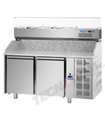 Tavolo refrigerato pizza 600x400 con 2 porte e piano in granito e vetrina refrigerata mod PZ02MID80+VR3160VD