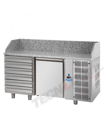 Tavolo refrigerato pizza 600x400 con 1 porta, 6 cassetti neutri e piano in granito mod PZ02MIDC6