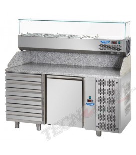 Tavolo refrigerato pizza 600x400 con 1 porta, 6 cassetti neutri e piano in granito e vetrina refrigerarta mod PZ02MIDC6+VR4160VD