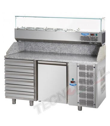 Tavolo refrigerato pizza 600x400 con 1 porta, 6 cassetti neutri e piano in granito e vetrina refrigerarta mod PZ02MIDC6+VR4160VD