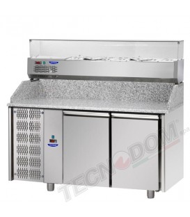 Tavolo refrigerato pizza 600x400 a 2 porte, motore a sinistra, piano in granito e vetrina refrigerata mod PZ02MID80SX+VR4160VDSX