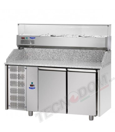 Tavolo refrigerato pizza 600x400 a 2 porte, motore a sinistra, piano in granito e vetrina refrigerata mod PZ02MID80SX+VR4160VDSX