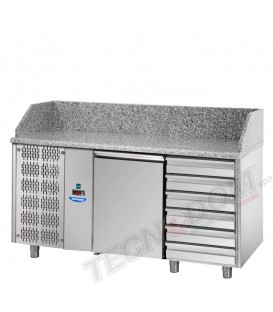 Tavolo refrigerato pizza 600x400 con 1 porta, gruppo motore a sinistra, 6 cassetti neutri e piano in granito mod PZ02MIDC6SX