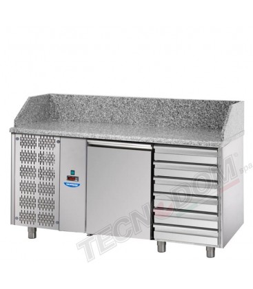 Tavolo refrigerato pizza 600x400 con 1 porta, gruppo motore a sinistra, 6 cassetti neutri e piano in granito mod PZ02MIDC6SX