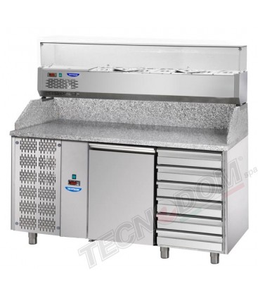 Tavolo refrig. pizza 600x400 a 1 porta, motore a sinistra, 6 cassetti neutri, piano granito, vetrina refrig. mod PZ02MIDC6SX+VR3
