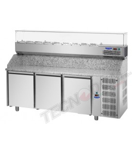 Tavolo refrigerato pizza 600x400 con 3 porte e piano in granito e vetrina refrigerata mod PZ03MID80+VR4215VD