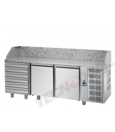 Tavolo refrigerato pizza 600x400 con 2 porte, 6 cassetti neutri e piano in granito mod PZ03MIDC6