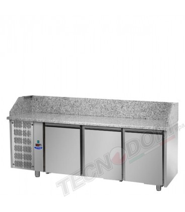 Tavolo refrigerato pizza 600x400 con 3 porte, gruppo motore a sinistra e piano in granito mod PZ03MID80SX