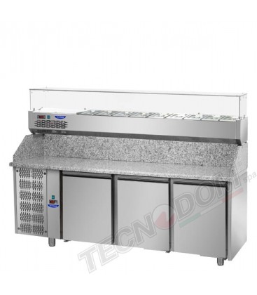 Tavolo refrigerato pizza 600x400 con 3 porte, motore a sinistra e piano in granito e vetrina refrigerata mod PZ03MID80SX+VR3215V