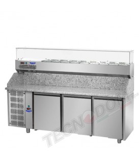 Tavolo refrigerato pizza 600x400 con 3 porte, motore a sinistra e piano in granito e vetrina refrigerata mod PZ03MID80SX+VR4215V