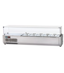 Vetrina refrigerata in acciaio inox per vaschette GN1/4 con vetro curvo temperato con gruppo motore a sinistra mod VR4260VCSX