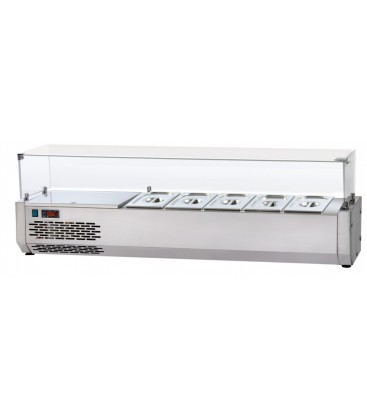 Vetrina refrigerata in acciaio inox per vaschette GN1/4 con vetro curvo temperato con gruppo motore a sinistra mod VR4270VCSX