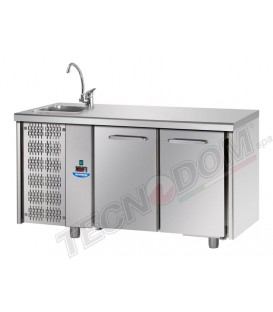 Tavolo refrigerato GN1/1 a temperatura normale con 2 porte, piano con lavello e gruppo motore a sinistra mod TF02EKOGNSXL