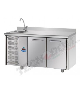 Tavolo refrigerato GN1/1 a temp. normale 2 porte, piano inox, alzatina 10cm, lavello e motore a sinistra mod TF02EKOGNSXLAL