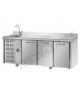 Tavolo refrigerato GN1/1 temp. normale 3 porte, piano inox con alzatina 10 cm, lavello, motore a sinistra mod TF03EKOGNSXLAL