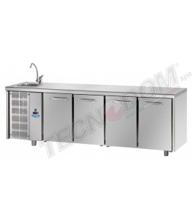 Tavolo refrigerato GN1/1 con 4 porte , piano con lavello e gruppo motore a sinistra mod TF04EKOGNSXL