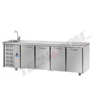 Tavolo refrigerato GN1/1 con 4 porte , piano con lavello e gruppo motore a sinistra mod TF04EKOGNSXL