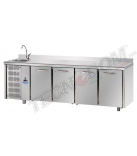 Tavolo refrigerato GN1/1 a temp. normale 4 porte, piano inox, alzatina 10 cm, lavello, motore a sinistra mod TF04EKOGNSXLAL