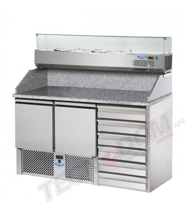 Saladette 2 porte, 6 cassetti, piano in granito e vetrina refrigerata mod SL02C6VR4