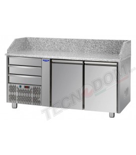 Tavolo refrigerato pizza GN1/1 con 2 porte , gruppo motore a sinistra, 3 cassetti neutri e piano in granito mod PZ02EKOC3SX